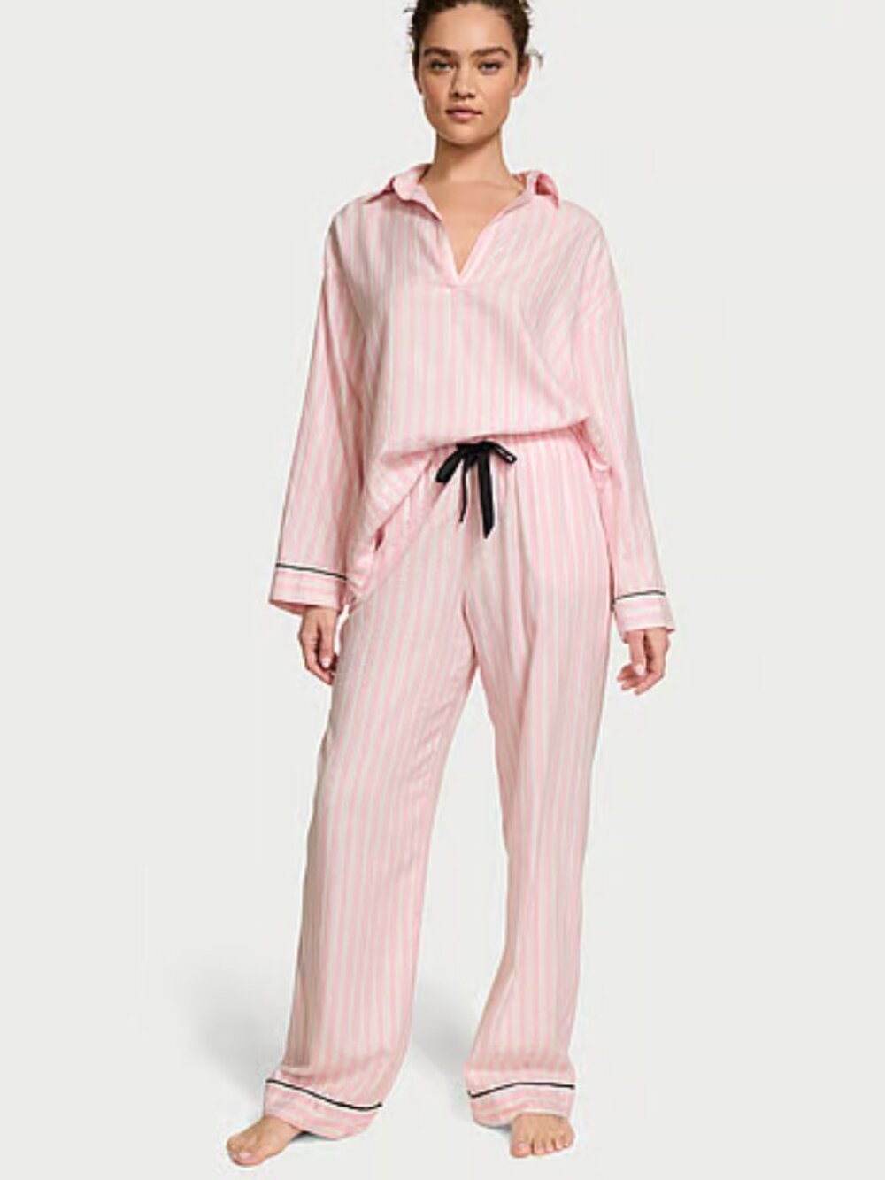 Victoria's Secret Flannel Popover Long Pajama Set Iconic Stripes Medium NWT